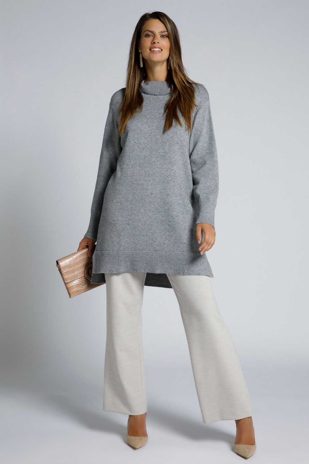 Plus Size Draped Turtleneck Long Sweater, Woman, grey, size: 20/22, viscose/polyester/synthetic fibers, Ulla Popken