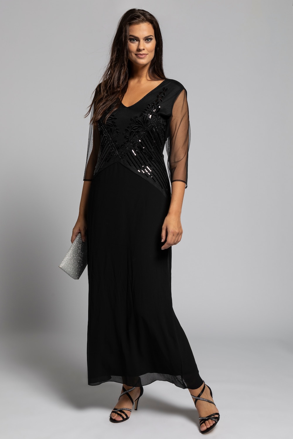 Plus Size Beaded Sequin Design Crepe Event Maxi Dress, Woman, black, size: 24, polyester, Ulla Popken