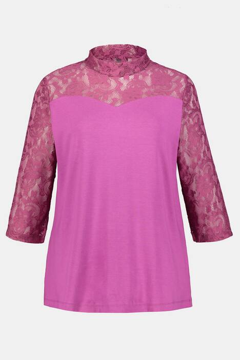 Shirt, Spitze, A-Linie, Stehkragen, 3/4-Ärmel