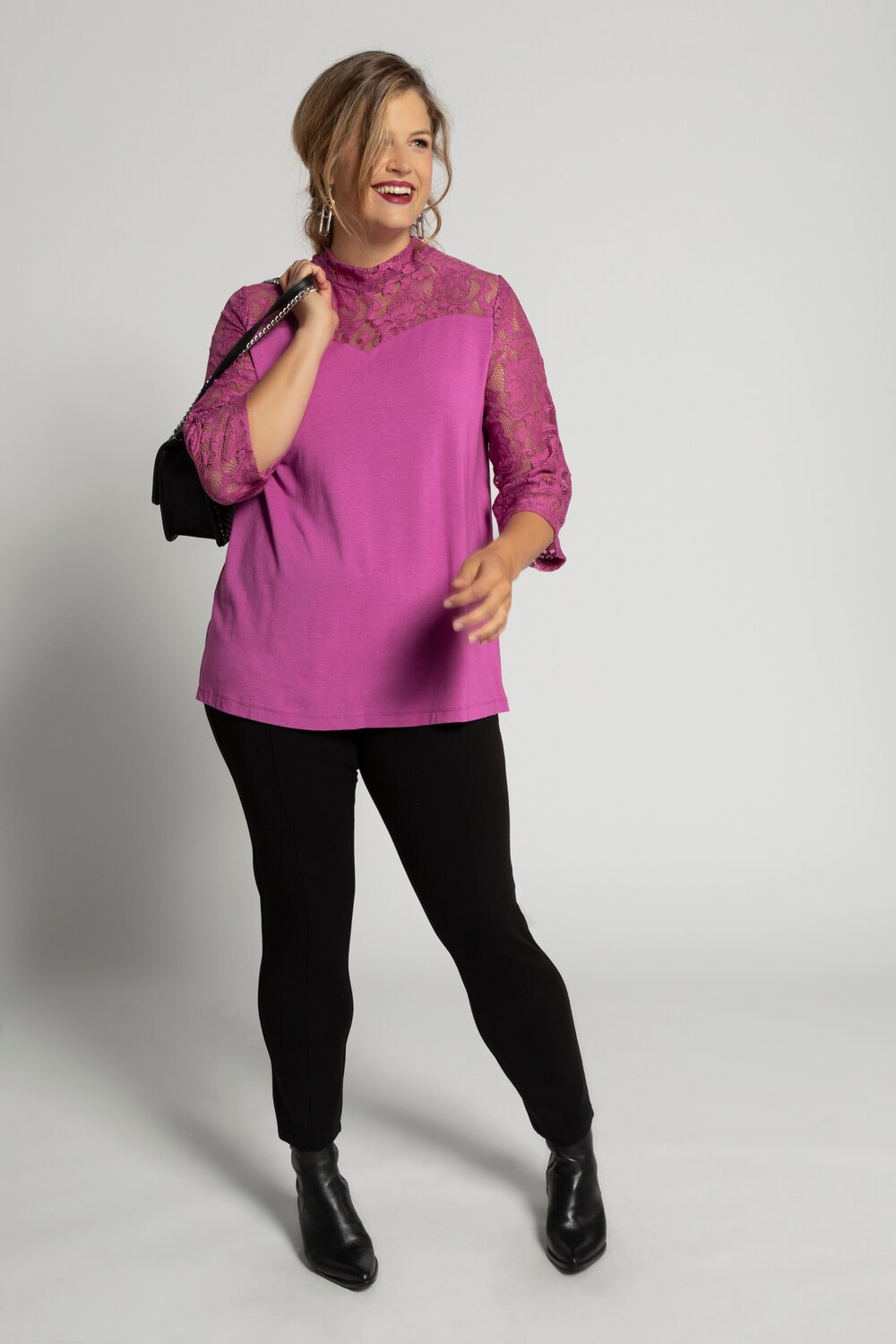 Plus Size Lace Yoke Turtleneck Stretch Knit Top, Woman, pink, size: 28/30, viscose/polyester/spandex, Ulla Popken