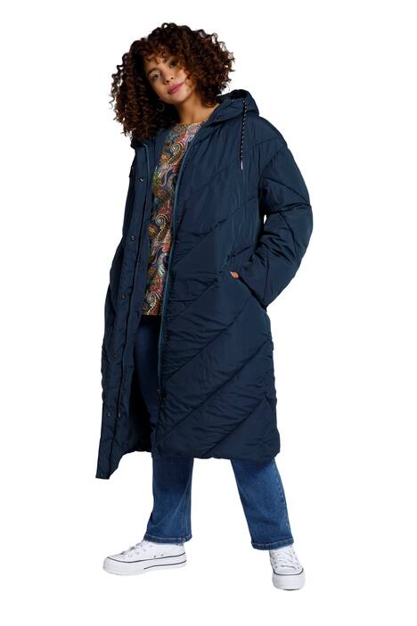 Prošívaný kabát, lehce oversize, kapuce, dlouhý rukáv