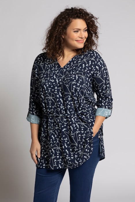 Butterfly Print Belted Roll-Tab Sleeve Tunic Blouse | Tunics | Blouses