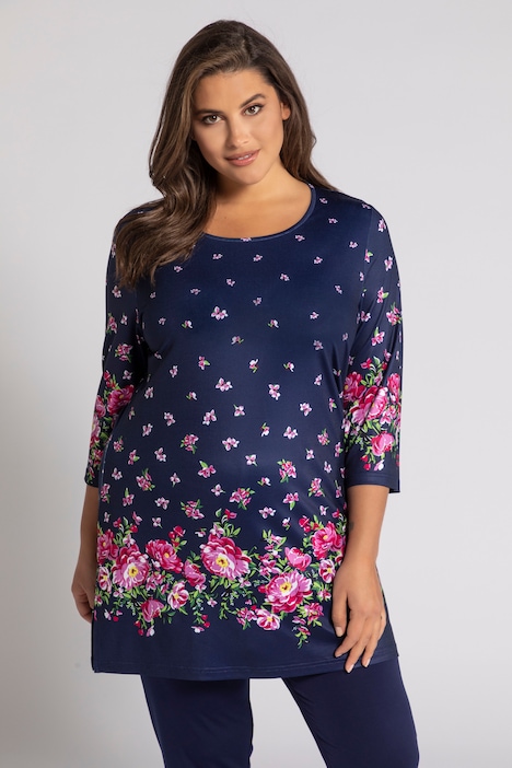Matte Jersey Round Neck Navy Print Tunic | T-Shirts | Knit Tops & Tees