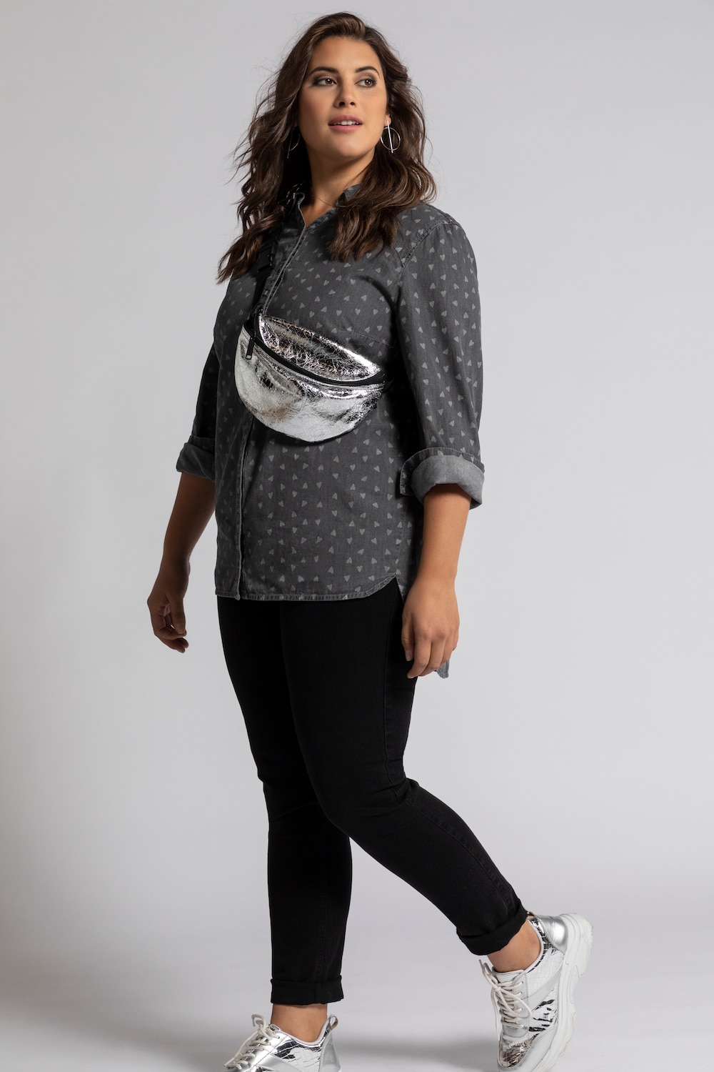 Grote Maten Overhemdblouse, Dames, grijs, Maat: 46/48, Katoen, Ulla Popken Grote Maten Overhemdblouse, Dames, grijs, Maat: 46/48, Katoen, Ulla Popken