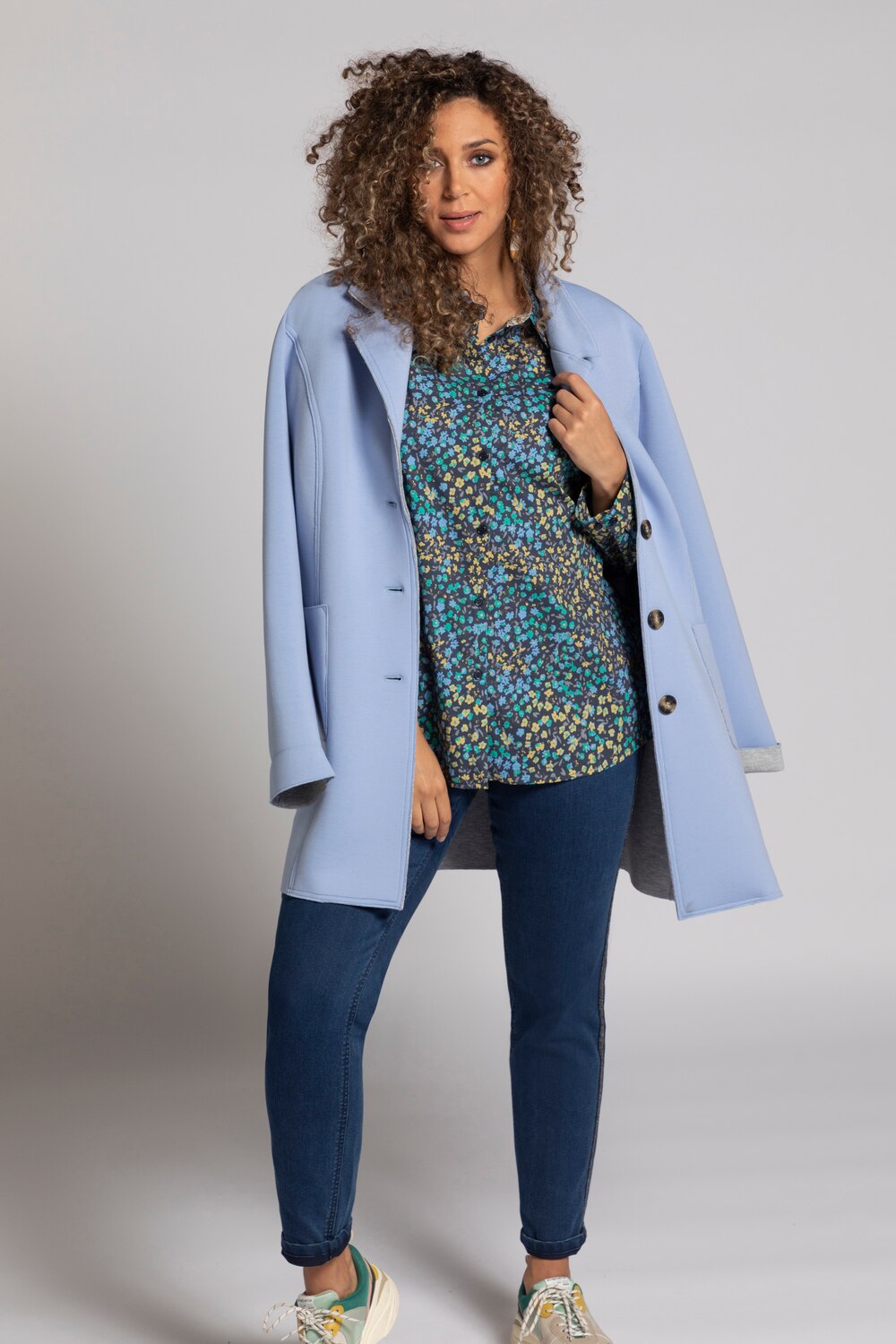 Plus Size Dainty Floral Print Button Front Long Sleeve Shirt, Woman, blue, size: 20/22, cotton, Ulla Popken