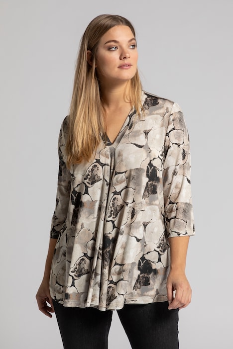 Marbled Print A-line Fit Slinky Stretch Knit Top