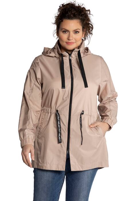 Parka, stuhy s nápisy, kapuce, stahování v pase