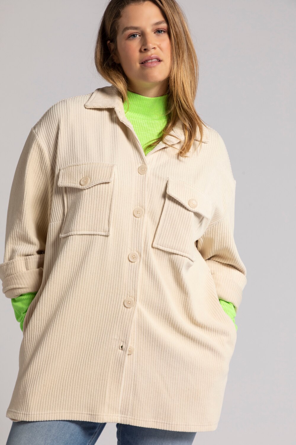 Plus Size Cord Shirt, Woman, beige, size: 16/18, cotton/polyester, Studio Untold