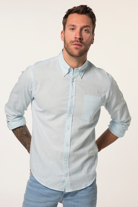 Chemise en lin mélangé. Manches longues et col à pointes boutonnées - coupe Modern Fit