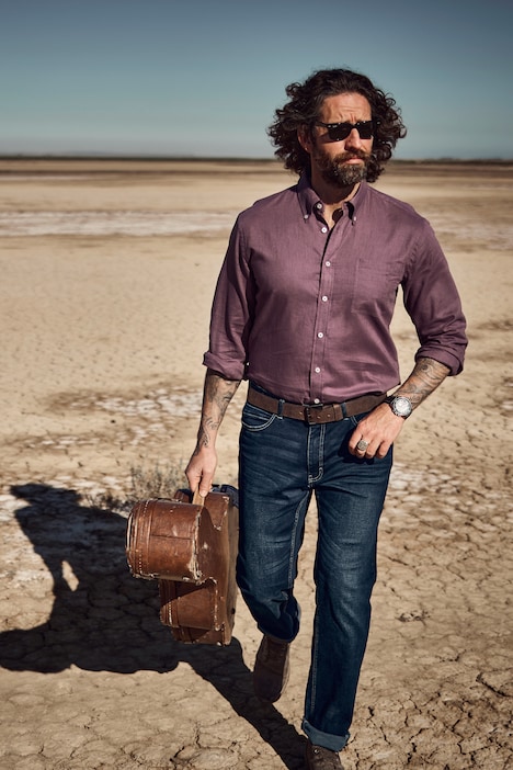 Overhemd van een linnenmix, lange mouwen, button-down kraag, modern fit