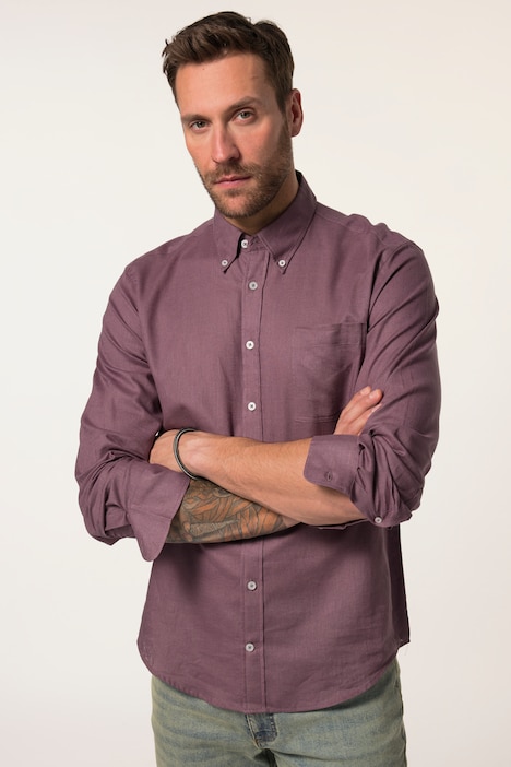 Overhemd van een linnenmix, lange mouwen, button-down kraag, modern fit