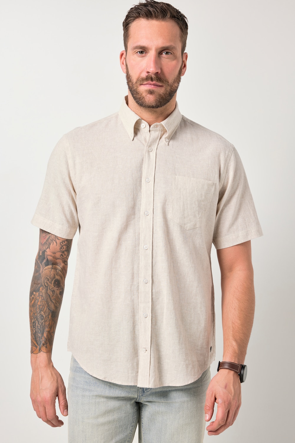 JP1880 Overhemd van een linnenmix, korte mouwen, button-down kraag, modern fit