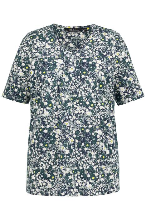 Tričko, luční kvítí, A střih, plisování, výstřih do V, krátké rukávy