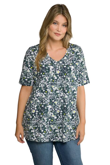 Tričko, luční kvítí, A střih, plisování, výstřih do V, krátké rukávy