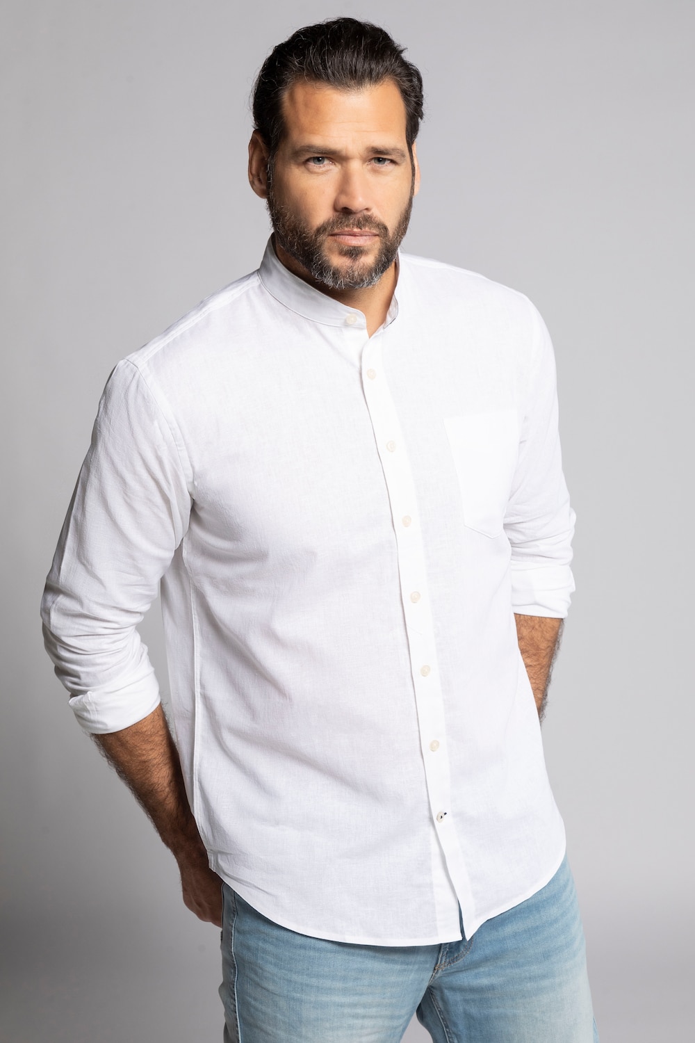 Plus Size Long Sleeve Linen Blend Shirt, Man, white, size: 3XL, linen/cotton, JP1880