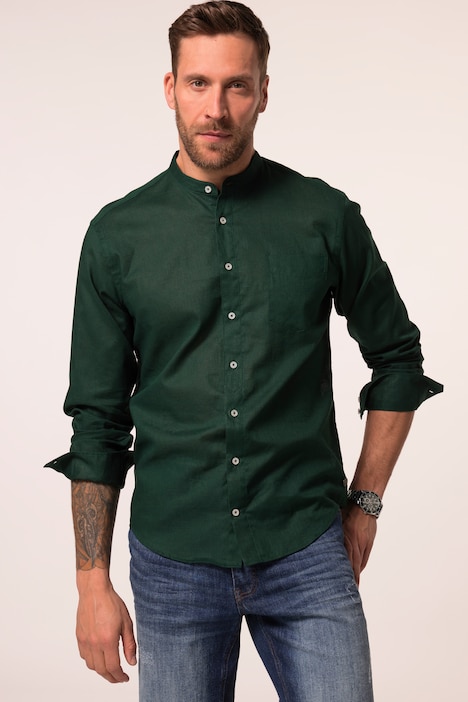 Camisa de mezcla de lino, manga larga, cuello alzado, Modern Fit