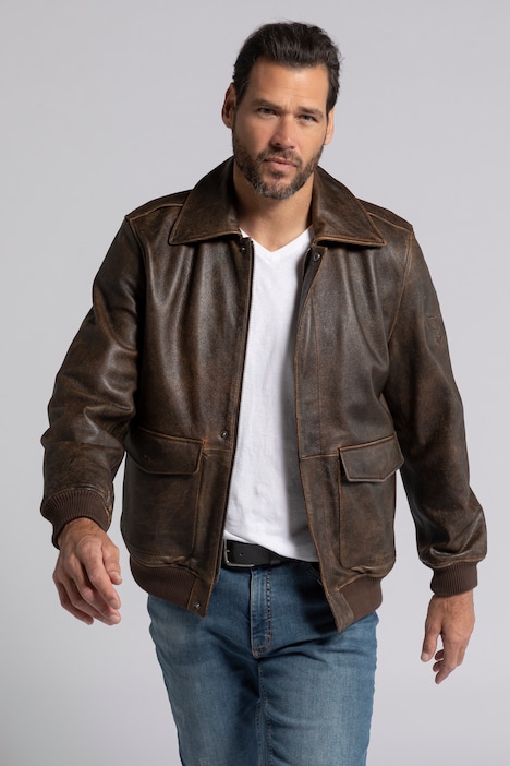 Leather jacket, blouson style, cowhide leather, used-look, knitted ...