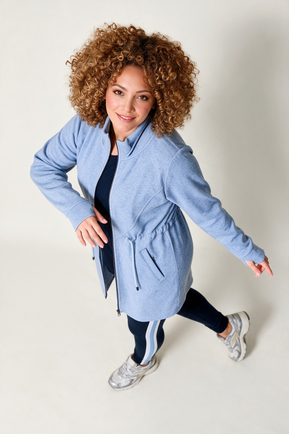 Strickfleece-Jacke, Langform, Stehkragen, Daumenloch