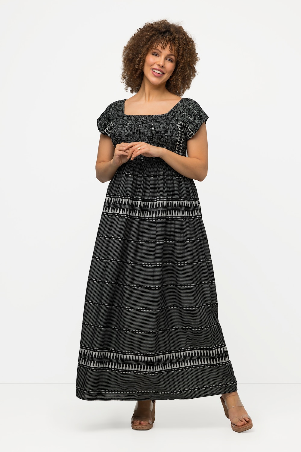 Große Größen Smok-Maxikleid, Damen, schwarz, Größe: 46/48, Baumwolle/Viskose, Ulla Popken