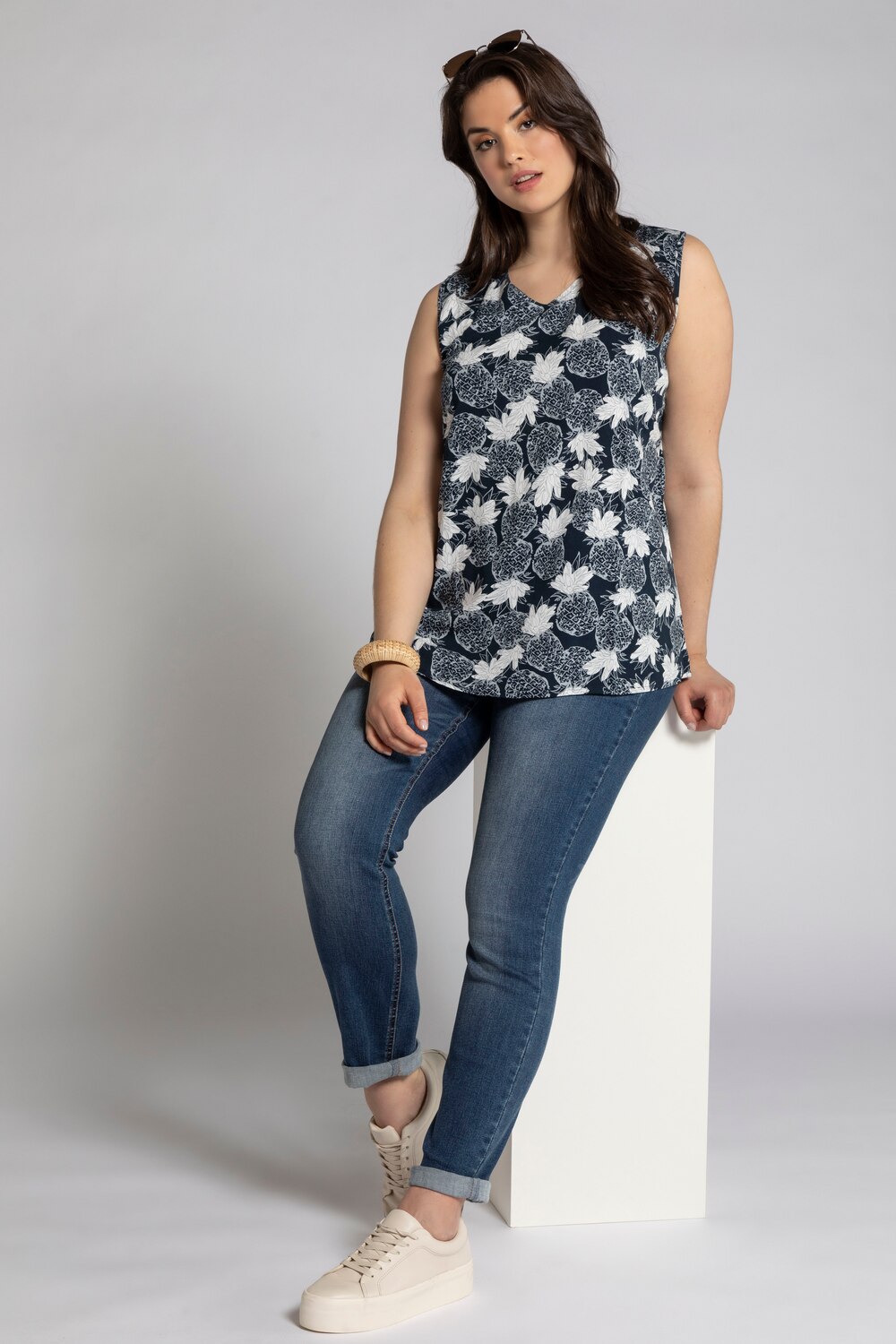 Grote Maten blousetop, Dames, blauw, Maat: 50/52, Viscose, Ulla Popken Grote Maten blousetop, Dames, blauw, Maat: 50/52, Viscose, Ulla Popken