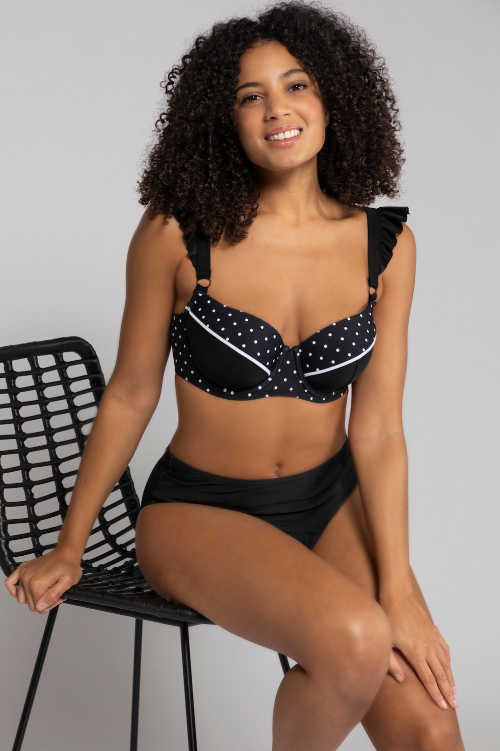 Plus Size Dot Print Ruffle Straps Underwire Bikini Top, Woman, black, size: 28, synthetic fibers/spandex, Ulla Popken