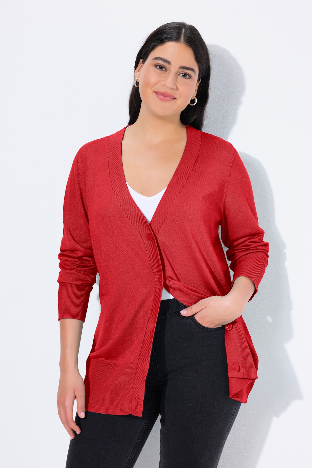 Strickjacke, V-Ausschnitt, Knopfleiste, Feinstrick