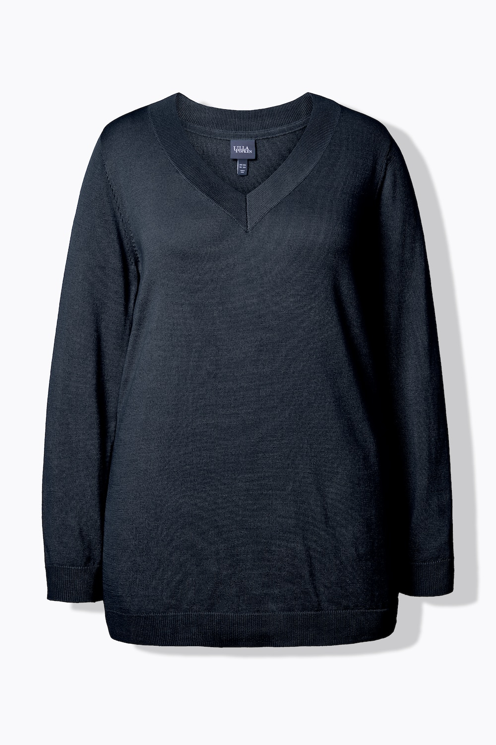 Stora storlekar Finstickad tröja med v-ringning och lång ärm, Dam, blå, storlek: 50/52, Viskos/Polyester, Ulla Popken
