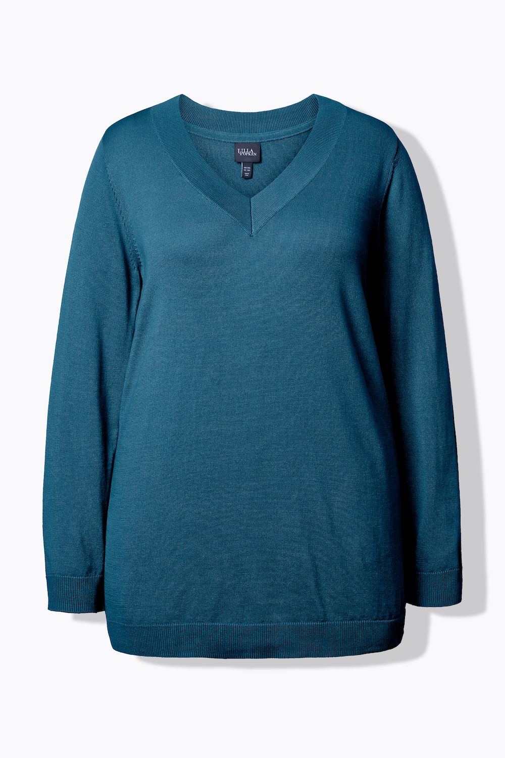 Stora storlekar Finstickad tröja med v-ringning och lång ärm, Dam, blå, storlek: 46/48, Viskos/Polyester, Ulla Popken