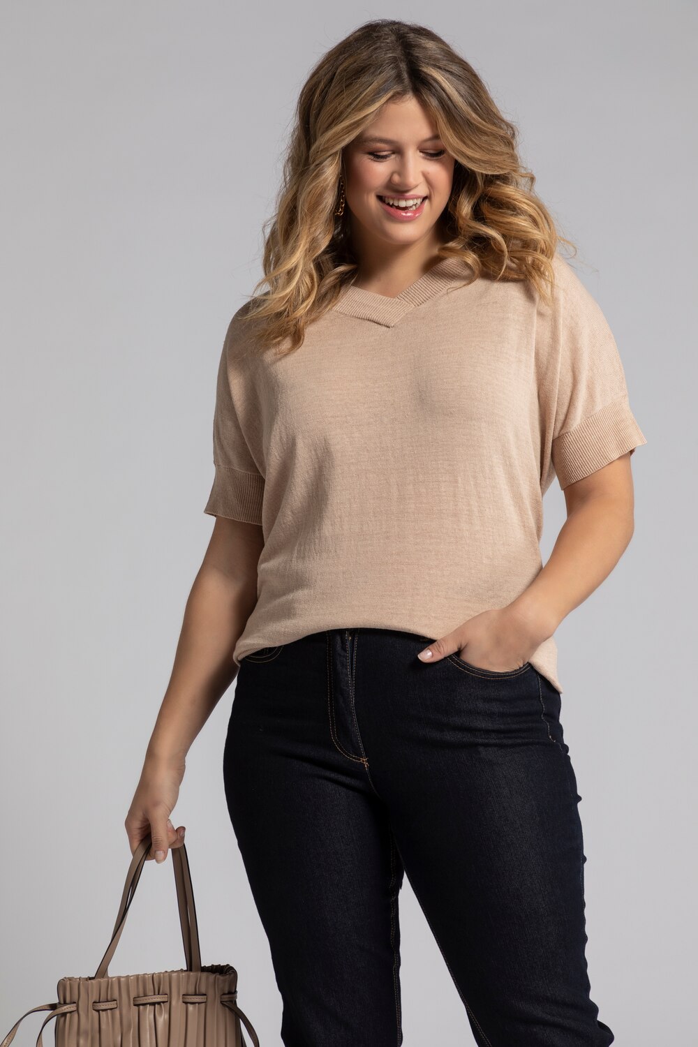 Grote Maten pullover, Dames, beige, Maat: 58/60, Linnen/Katoen/Synthetische vezels, Ulla Popken Grote Maten pullover, Dames, beige, Maat: 58/60, Linnen/Katoen/Synthetische vezels, Ulla Popken