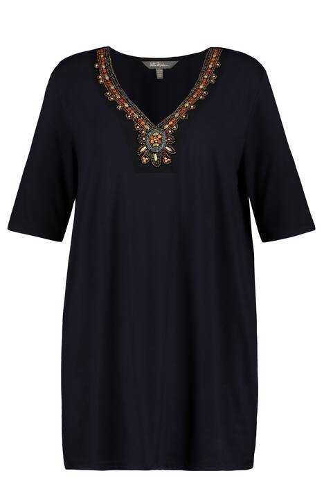 Dlouhé tričko, perly, A střih, výstřih do V, krátké rukávy