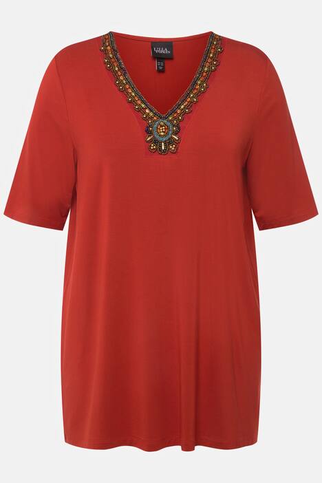 Longshirt, Perlen, A-Linie, V-Ausschnitt, Halbarm