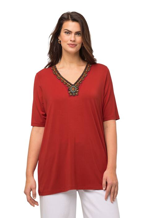 Dlouhé tričko, perly, A střih, výstřih do V, krátké rukávy