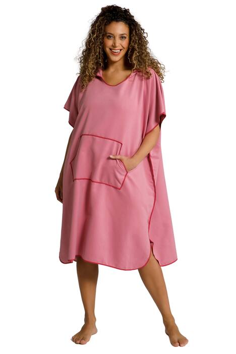 Plážové pončo, kapuce, oversize, výstřih do V, krátké rukávy