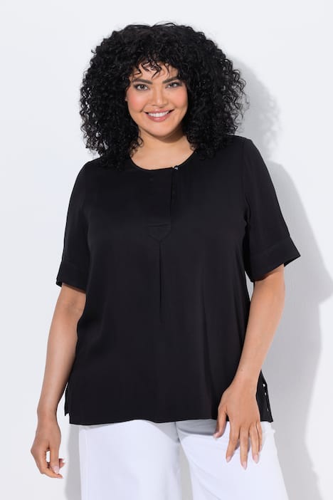 Overhemdblouse, doorgestikte inzet, A-lijn, ronde hals, halve mouwen