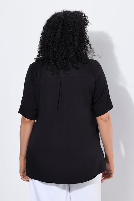 Overhemdblouse, doorgestikte inzet, A-lijn, ronde hals, halve mouwen