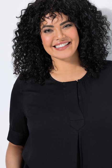 Overhemdblouse, doorgestikte inzet, A-lijn, ronde hals, halve mouwen