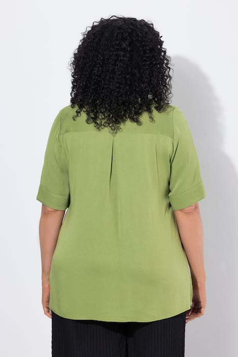 Overhemdblouse, doorgestikte inzet, A-lijn, ronde hals, halve mouwen