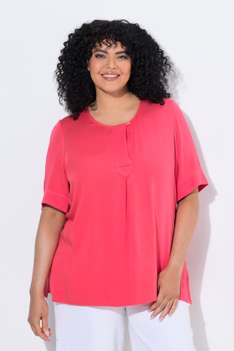 Overhemdblouse, doorgestikte inzet, A-lijn, ronde hals, halve mouwen