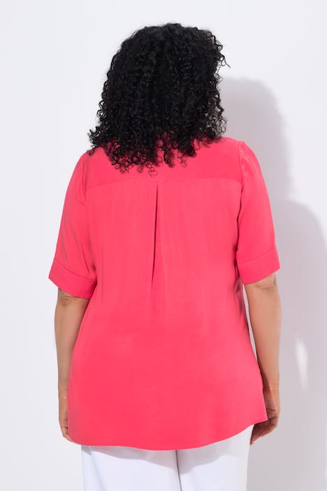 Overhemdblouse, doorgestikte inzet, A-lijn, ronde hals, halve mouwen