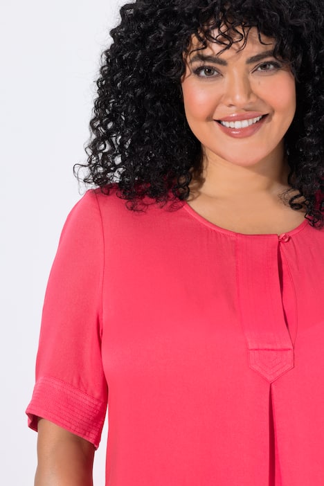 Overhemdblouse, doorgestikte inzet, A-lijn, ronde hals, halve mouwen