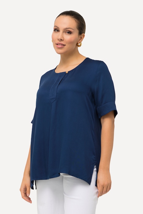 Quilted Placket Round Neck Short Sleeve Blouse | Tunics | Blouses