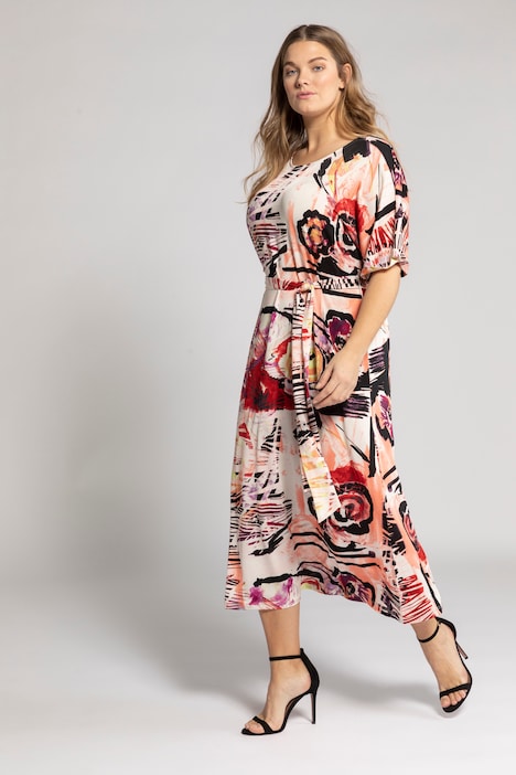 Abstract Floral Round Neck Slinky Stretch Knit Dress