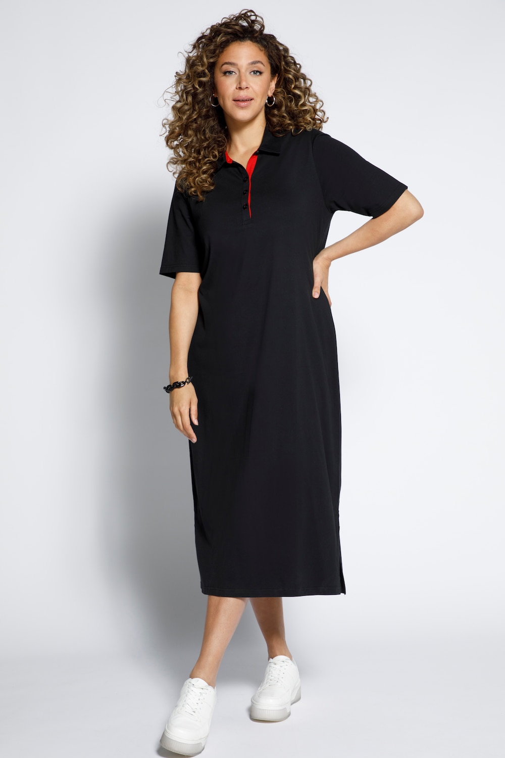 Plus Size Contrast Trim Short Sleeve Long Cotton Polo Dress, Woman, black, size: 20/22, cotton, Ulla Popken