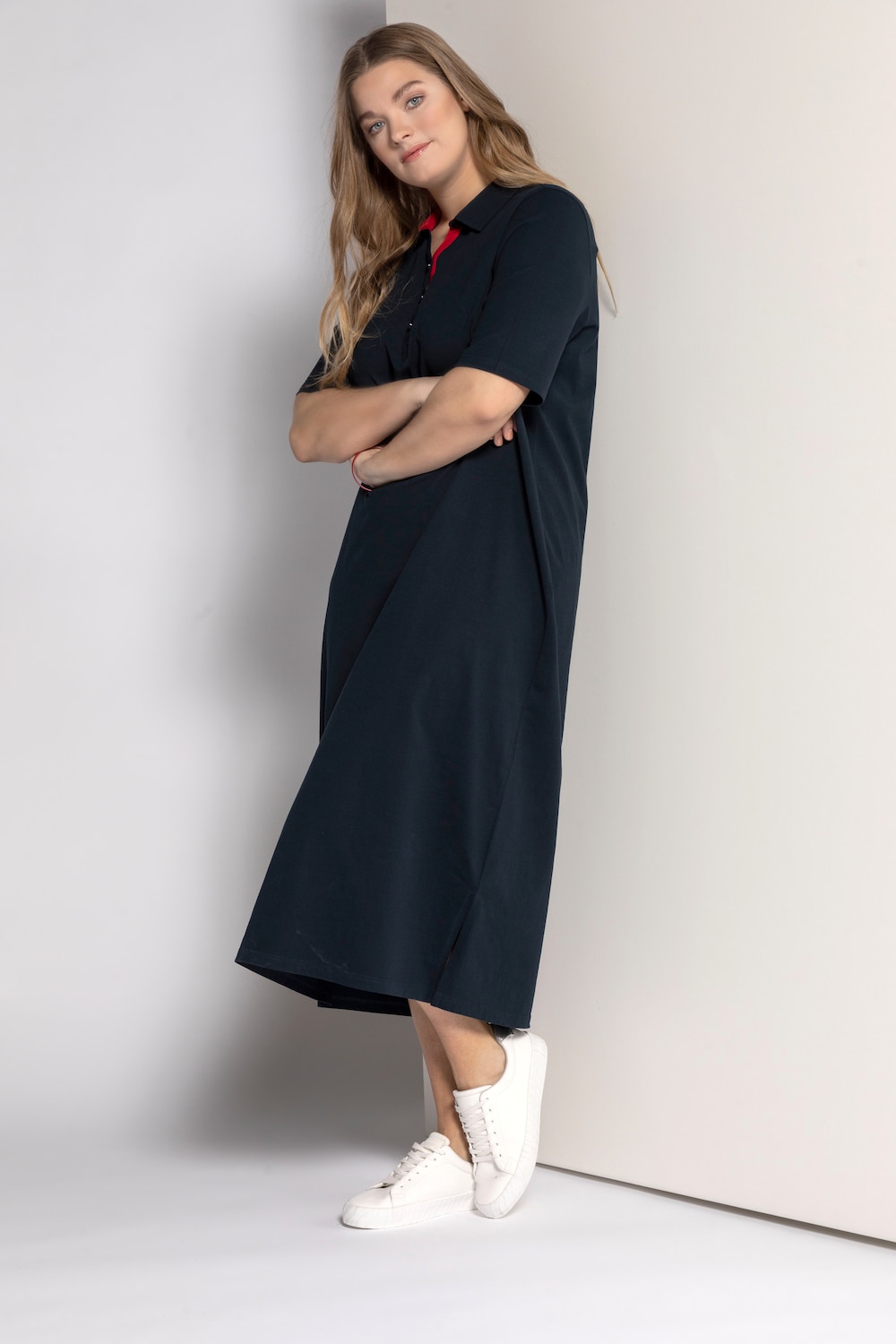 Plus Size Contrast Trim Short Sleeve Long Cotton Polo Dress, Woman, blue, size: 20/22, cotton, Ulla Popken