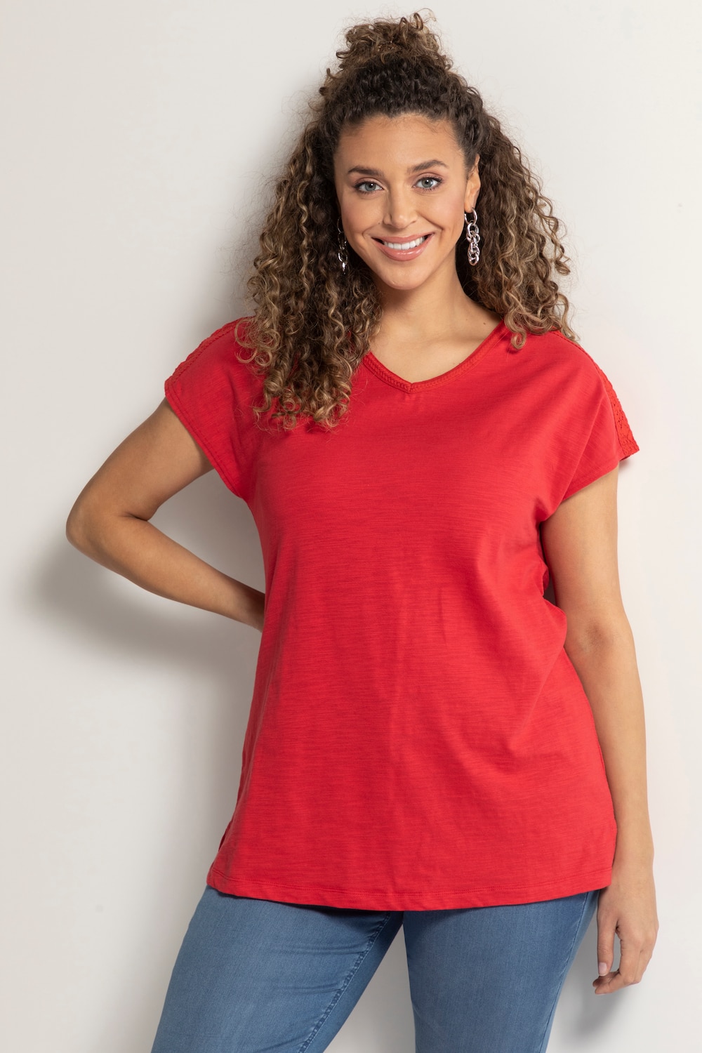 Grote Maten shirt, Dames, rood, Maat: 54/56, Katoen, Ulla Popken