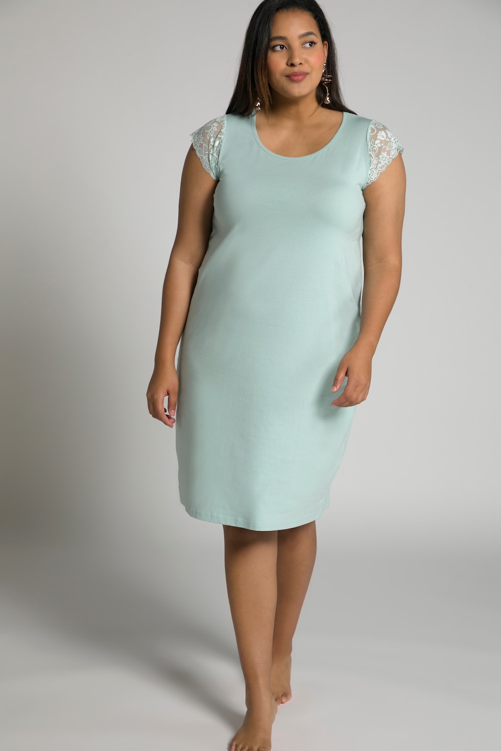 Plus Size Lace Sleeve Stretch Cotton Round Neck Sleep Tee, Woman, turquoise, size: 16/18, cotton, Ulla Popken