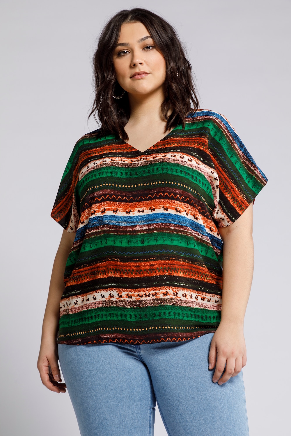 Plus Size Ethnic Stripes Oversized Blouse Shirt, Woman, green, size: 28/30, polyester, Studio Untold