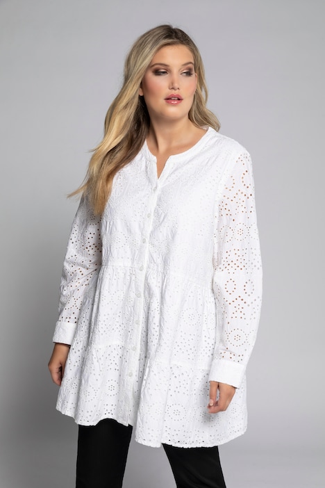 Eyelet Embroidered Button Front Tunic Shirt, Tunics