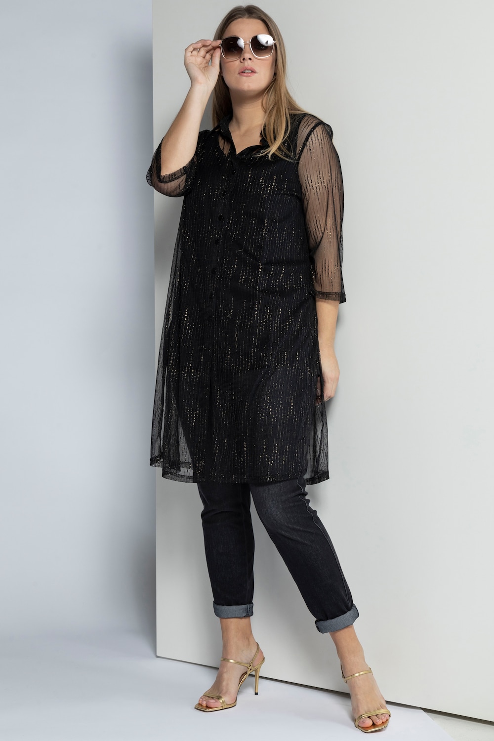 Grote Maten mesh blouse, Dames, zwart, Maat: 54/56, Viscose/Synthetische vezels/Metallic vezels, Ulla Popken