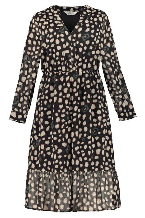 Midi šaty, výstřih do V, dlouhé rukávy, zvířecí potisk, volány